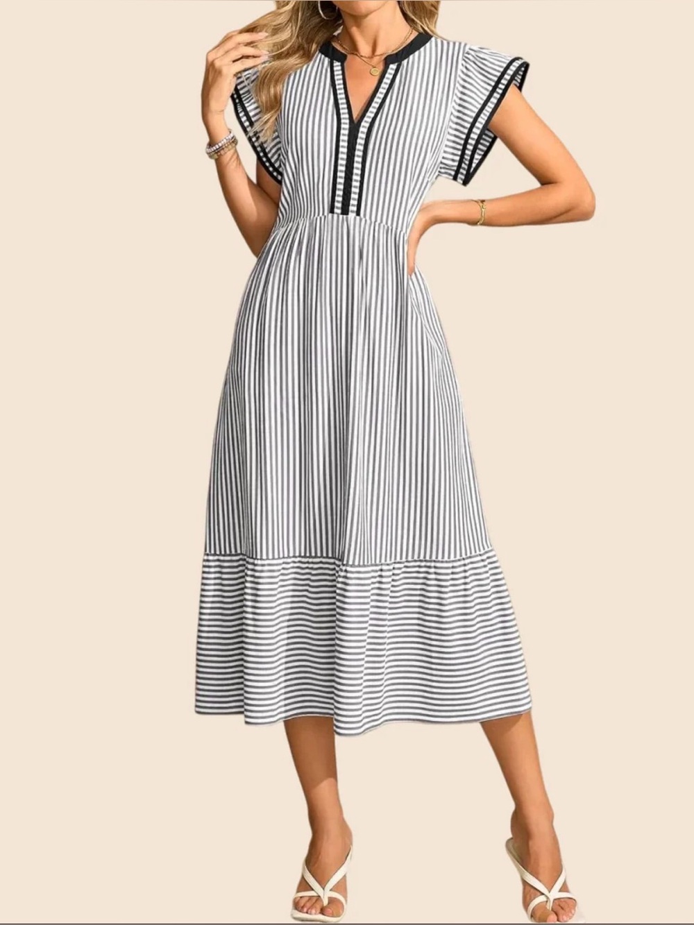 Women's Striped V-Neck Flutter Sleeve Long Dress Size Small Never Worn